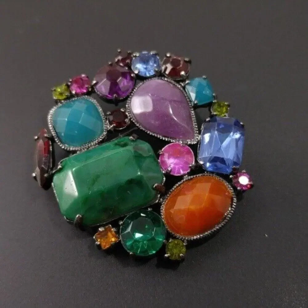 Purple Blue Green Faceted Rhinestones Jewel Colors Cabochons Brooch, 2 Inches